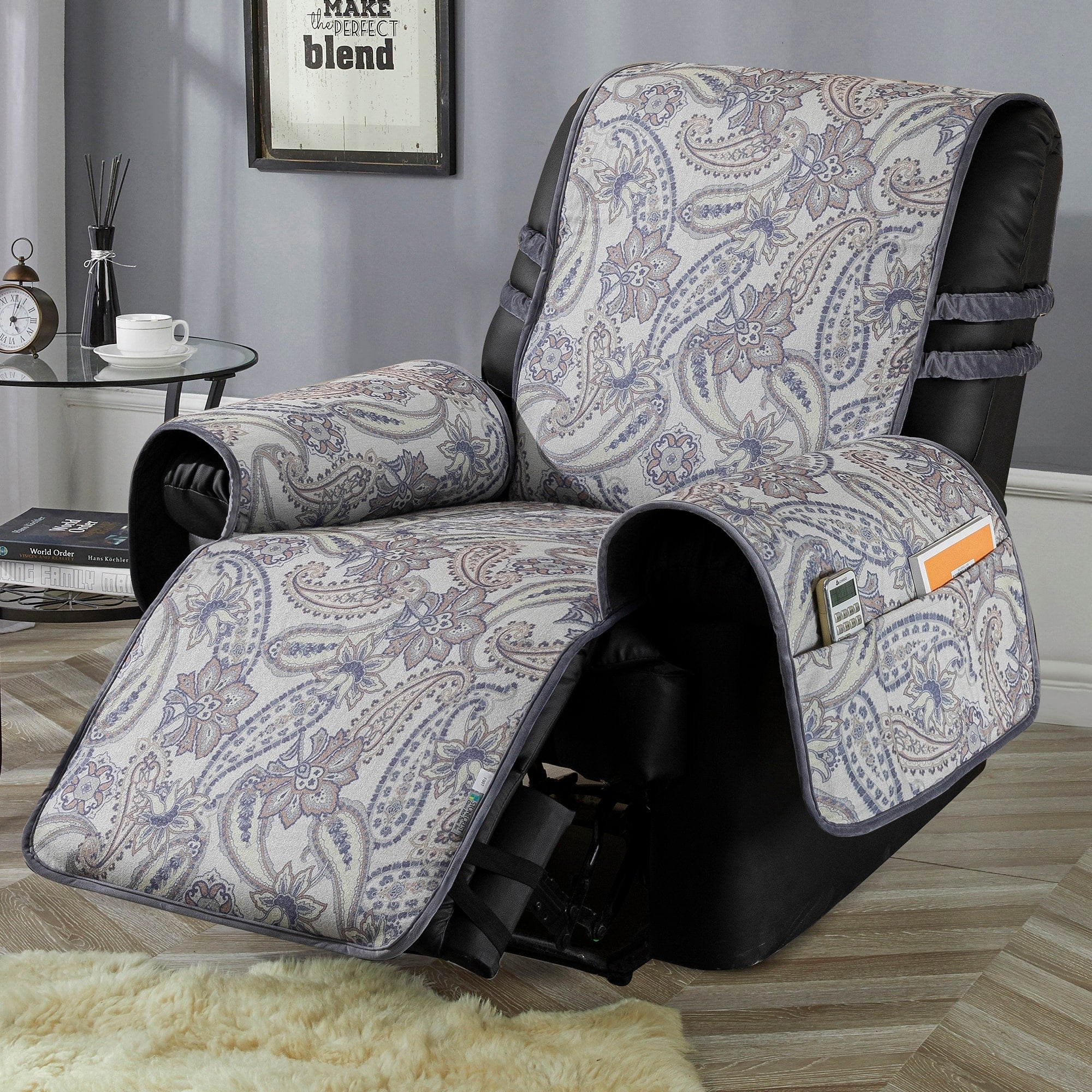 Stonecrest Non Slip Recliner Chair Cover, Brushed Faux Linen Paisley Recliner Slipcover