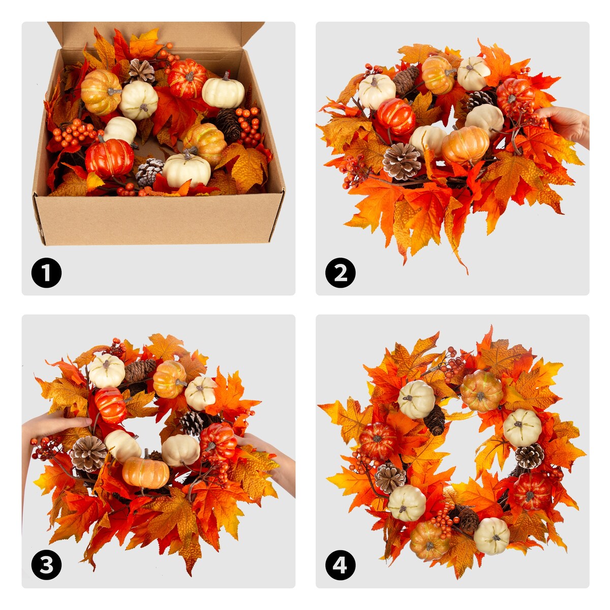 20 Autumn Wreath,Fall Wreath for Thanksgiving Decorations and Halloween, Artificial Front Door Wreath with Maple Leaf