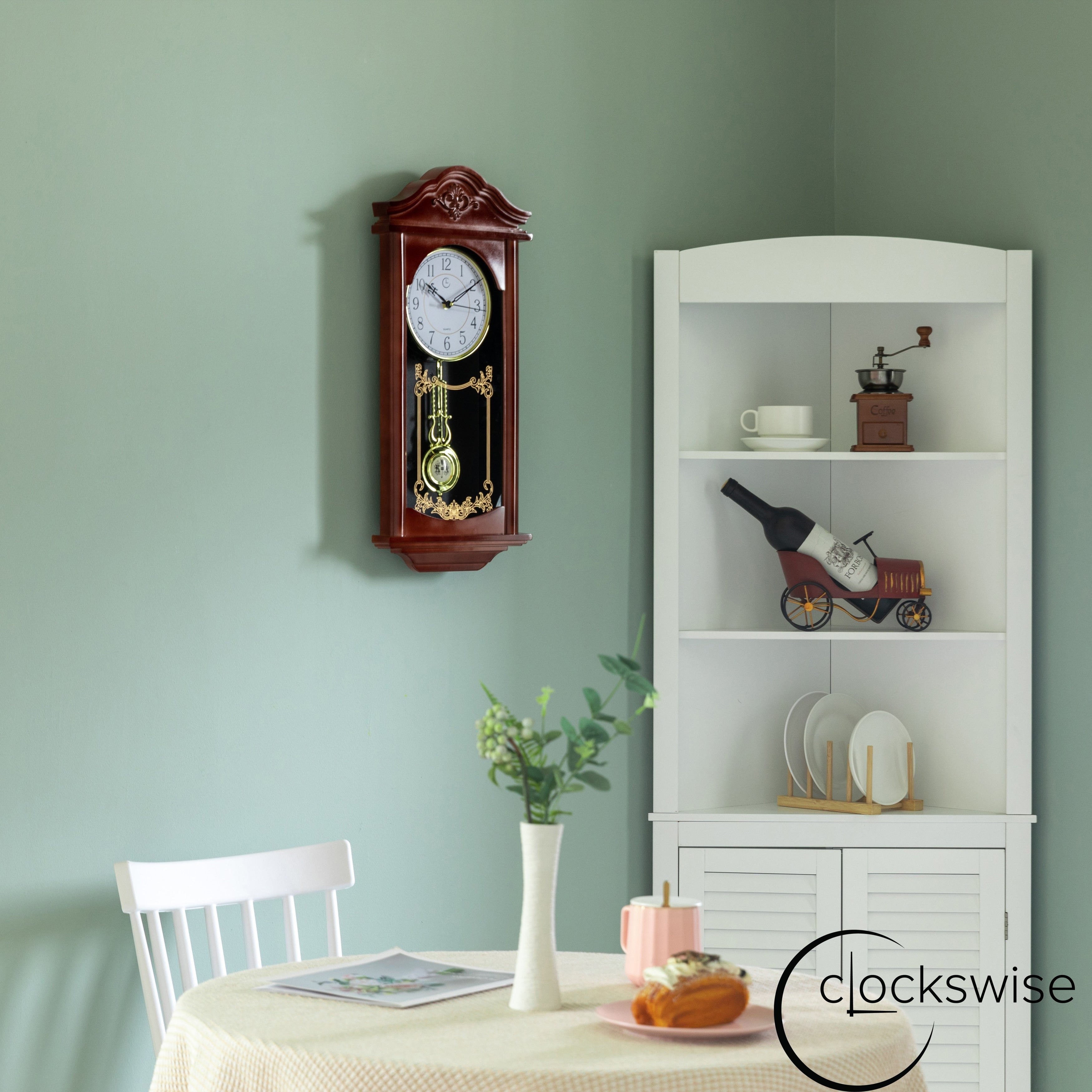 Clockswise Vintage Grandfather Wood-Looking Plastic Pendulum Decorative Battery-Operated Wall Clock Brown, for Home Decor