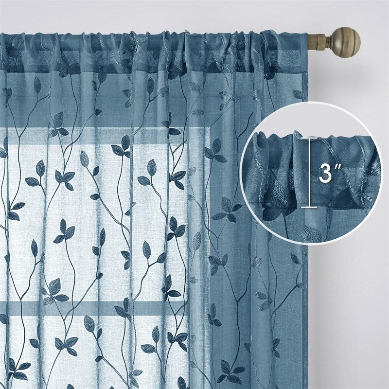 2 Panels Embroidered Leaf Pattern Curtains