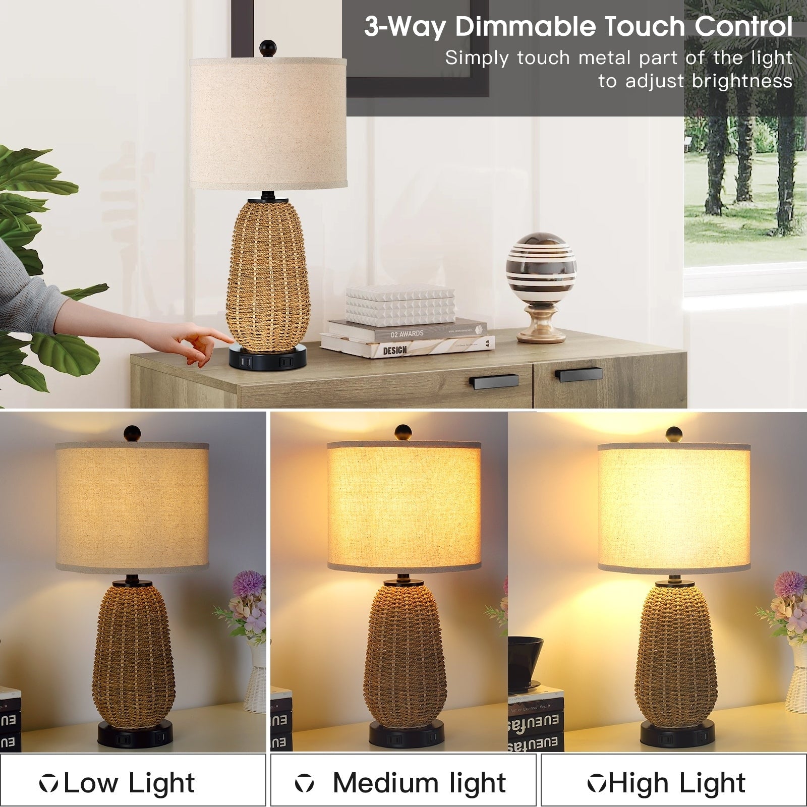 Table Lamp Brown Natural Straw Touch 3-Way Dimming(Set of 2) - 11'' x 11'' x 22.8'' (L x W x H)