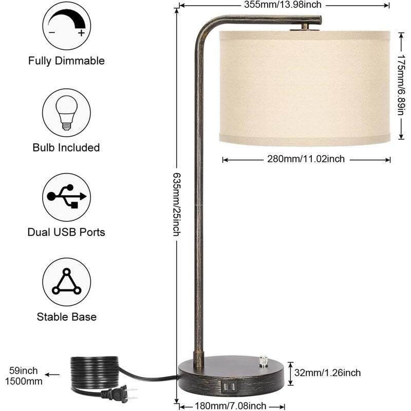 Dual USB port side table lamp, dimmable bedside lamp, desktop reading light - 13.98D x 13.98W x 25H