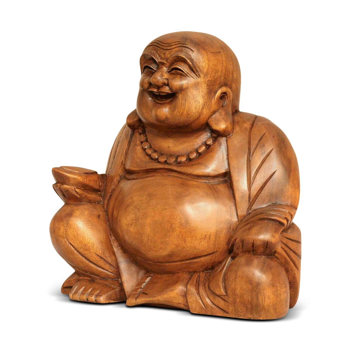 Wooden Laughing Happy Buddha Statue Hand Carved Smiling Sitting Sculpture Handmade Figurine Decorative Home Decor Handcrafted