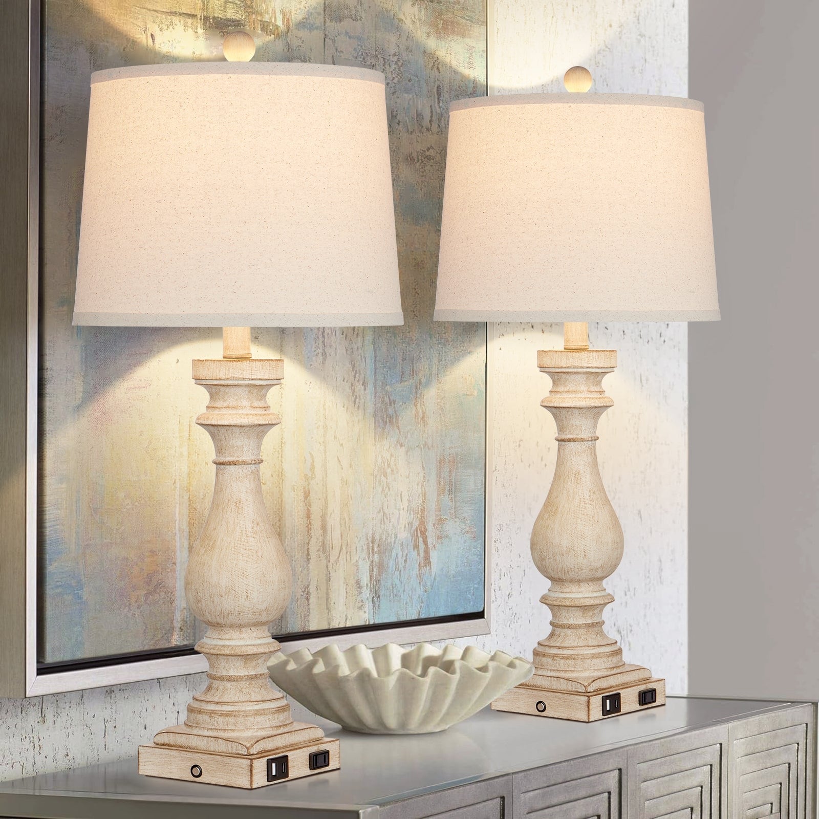 Table Lamps Resin White Vintage Oblique Shade USB Type-C Charging Ports(Set of 2) - 12.5'' x 12.5'' x 29'' (L x W x H)