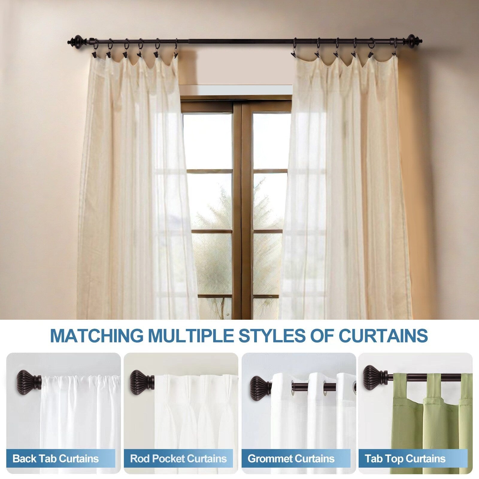 Modern Window Drapery Curtain Rod Set with 8 to 24 Rings