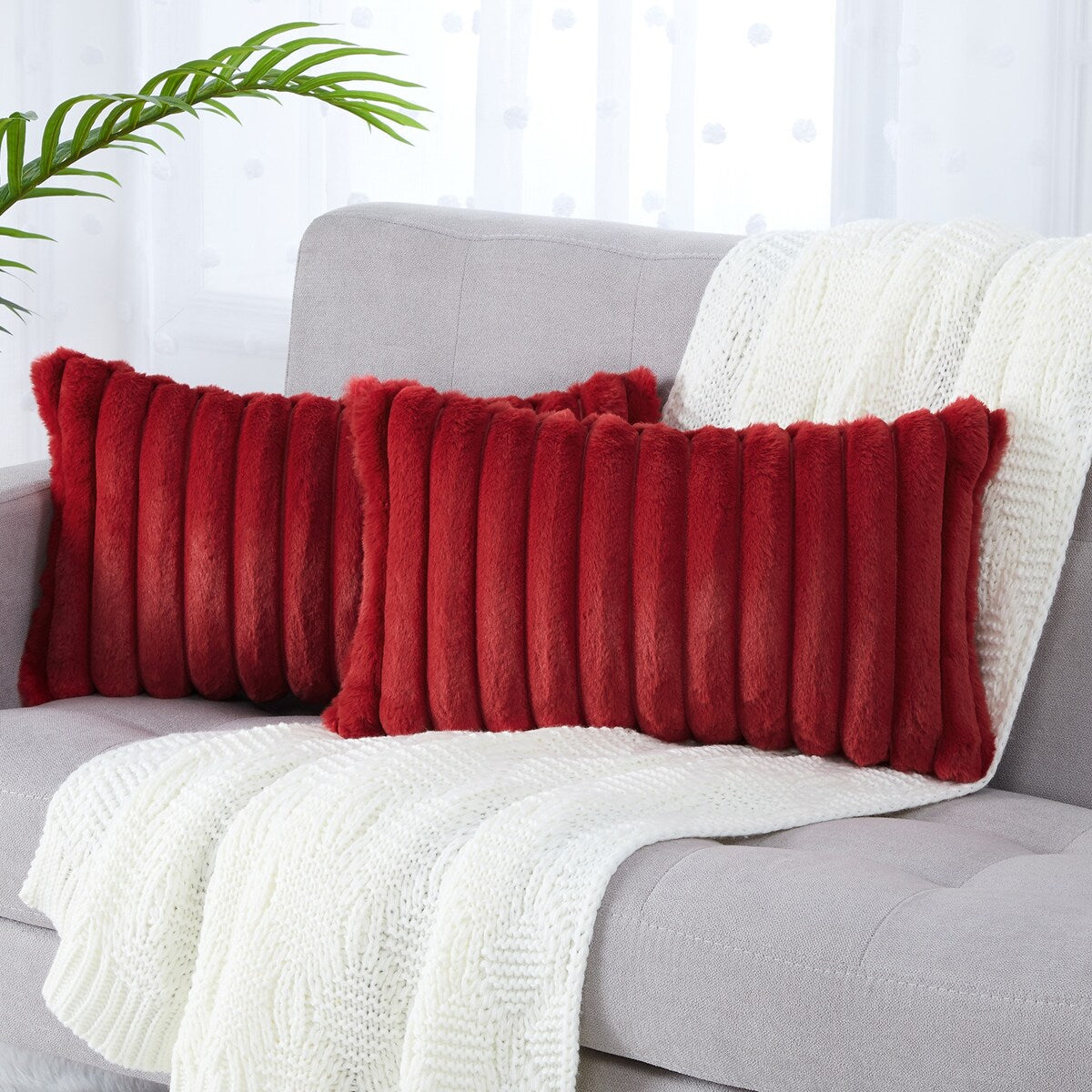 Pack of 2 Faux Fur Plush Decorative Throw Pillow Covers Striped Couch Cushion Case Soft Fluffy Pillowcases