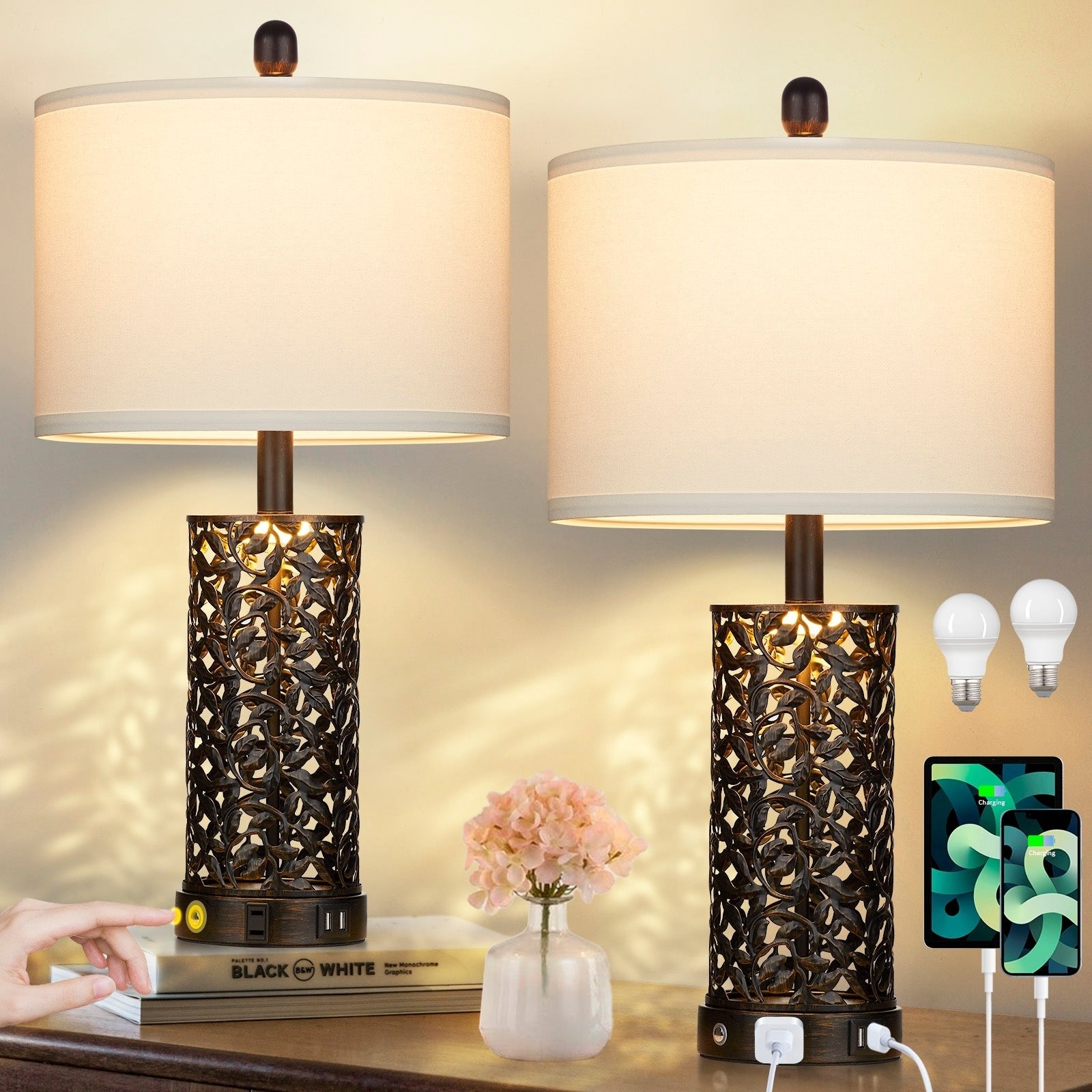 Black with Gold Metal Table Lamps Nightlight 2in1 USB Ports AC Outlet Touch Switch (Set of 2)