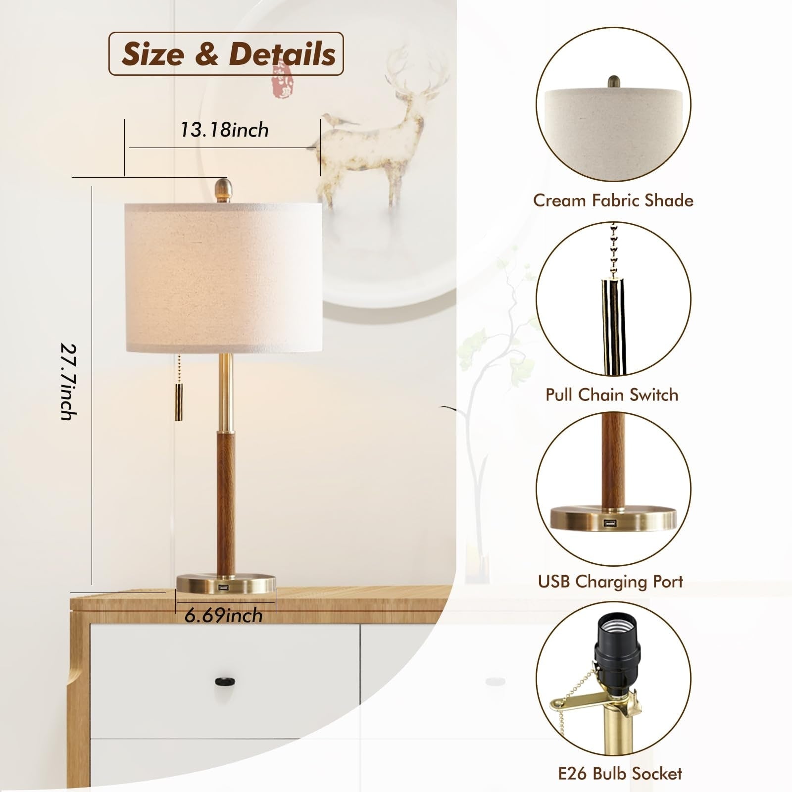 28 Gold Bedside Lamps Set of 2 for Bedroom - Modern Table Lamp with USB Charging Port Nightstand Lamp with 3-Way Dimmable