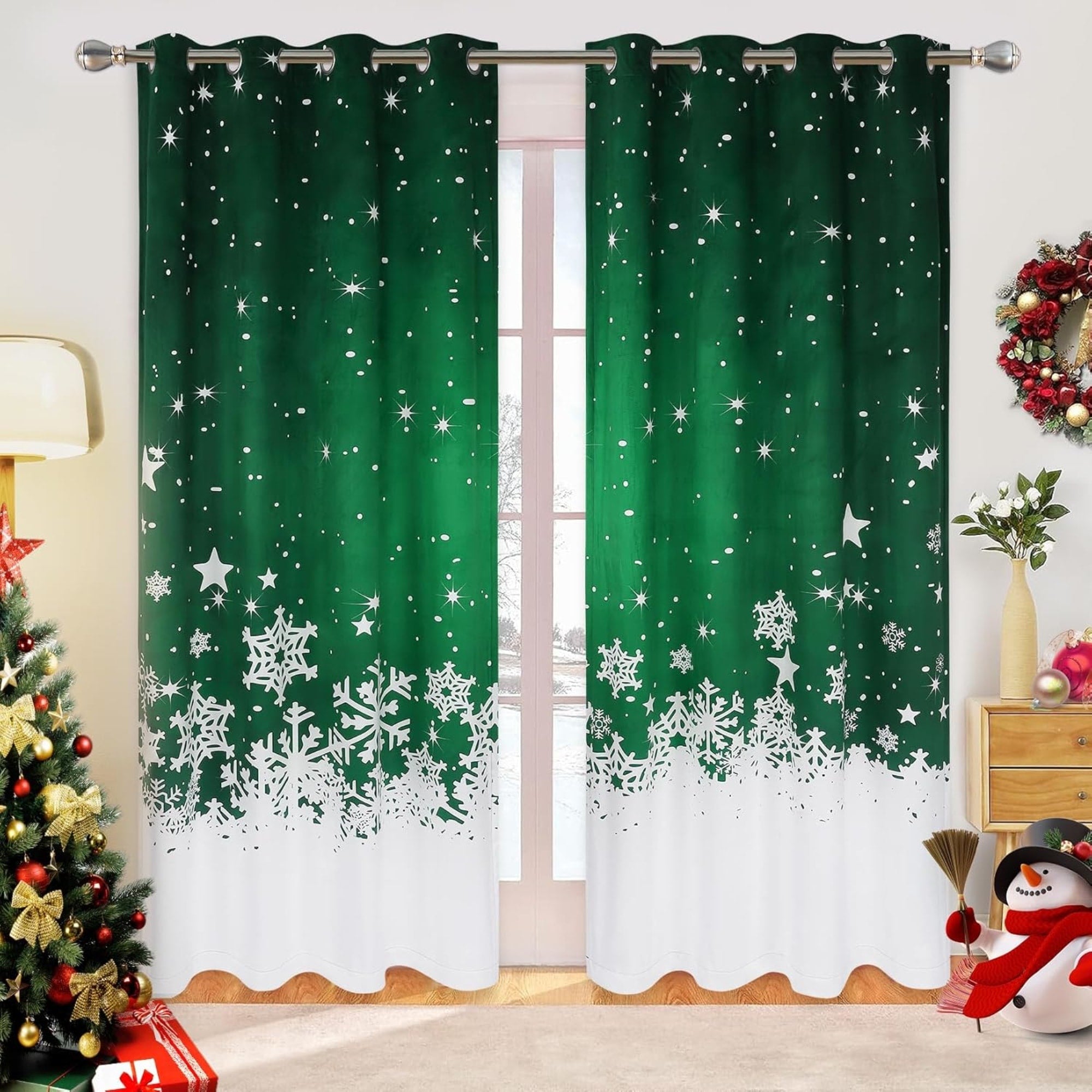 Christmas Snowflake Room Darkening Velvet Curtains 2 Panel Set