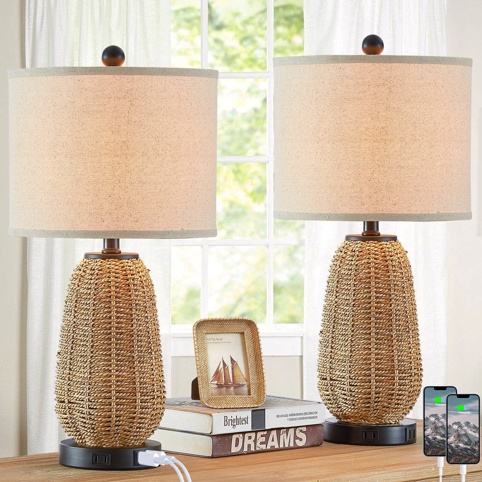 Table Lamp Brown Natural Straw Touch 3-Way Dimming(Set of 2) - 11'' x 11'' x 22.8'' (L x W x H)