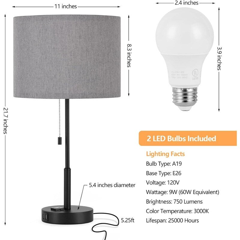 21.7 Table Lamp (Set of 2) with USB Charging Port, Nightstand Lights - 11D x 11W x 21.7H