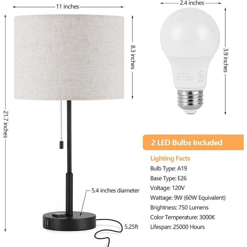 21.7 Table Lamp (Set of 2) with USB Charging Port, Nightstand Lights - 11D x 11W x 21.7H