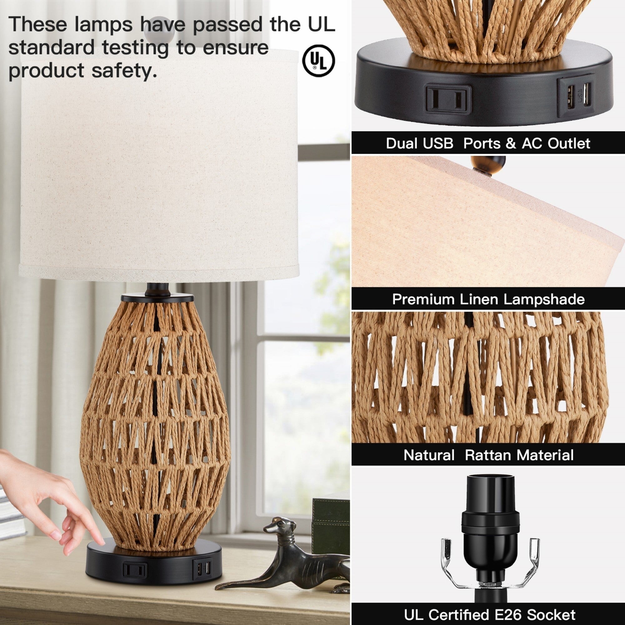 Brown Rattan Woven Table Lamp with USB Charging Ports AC Socket and 3-way Touch Dimming Switch (Set of 2)