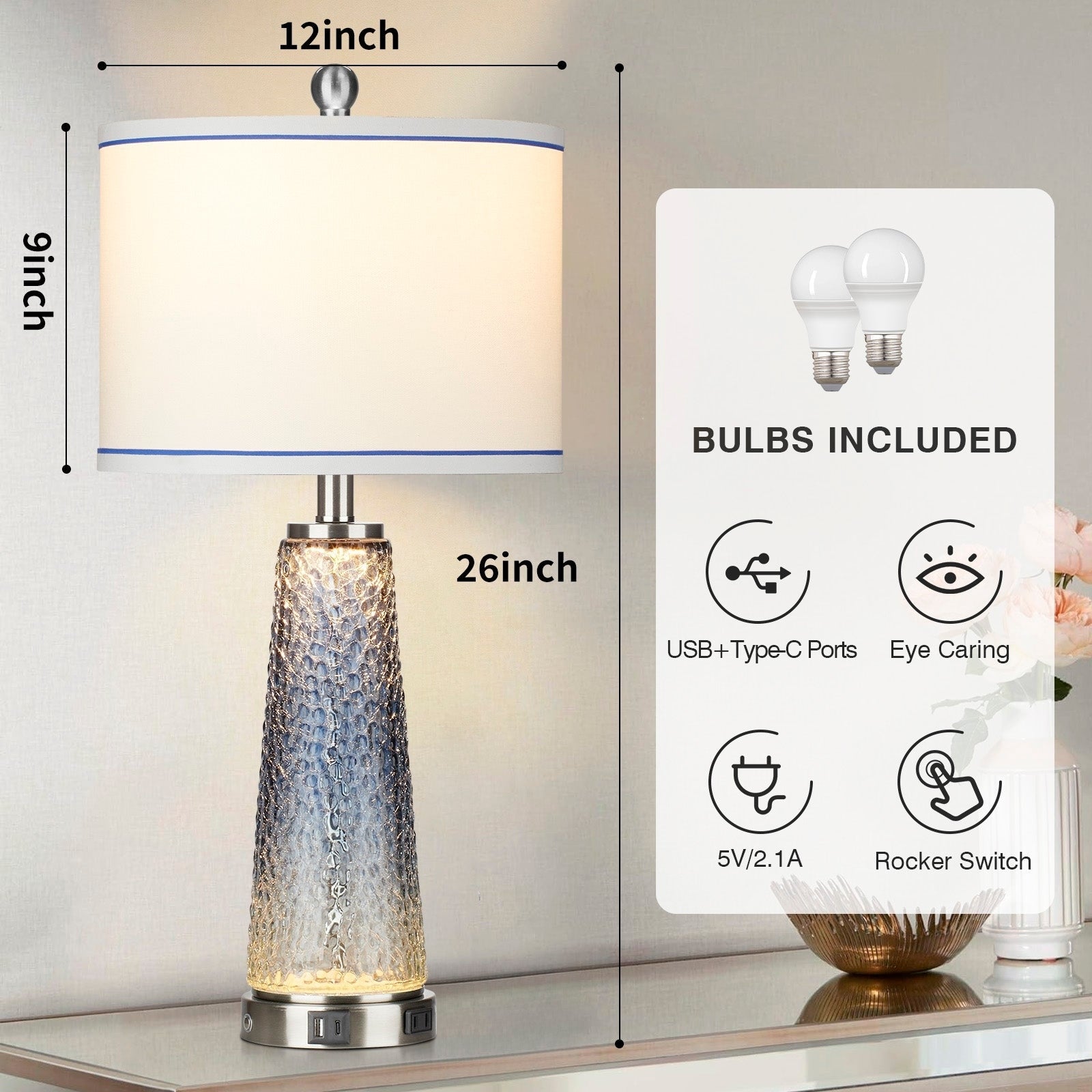 Table Lamps Nightlight 2in1 Glass Blue Charging Ports 2-Way Touch Switch (Set of 2) - 12'' x 12'' x 26'' (L x W x H)