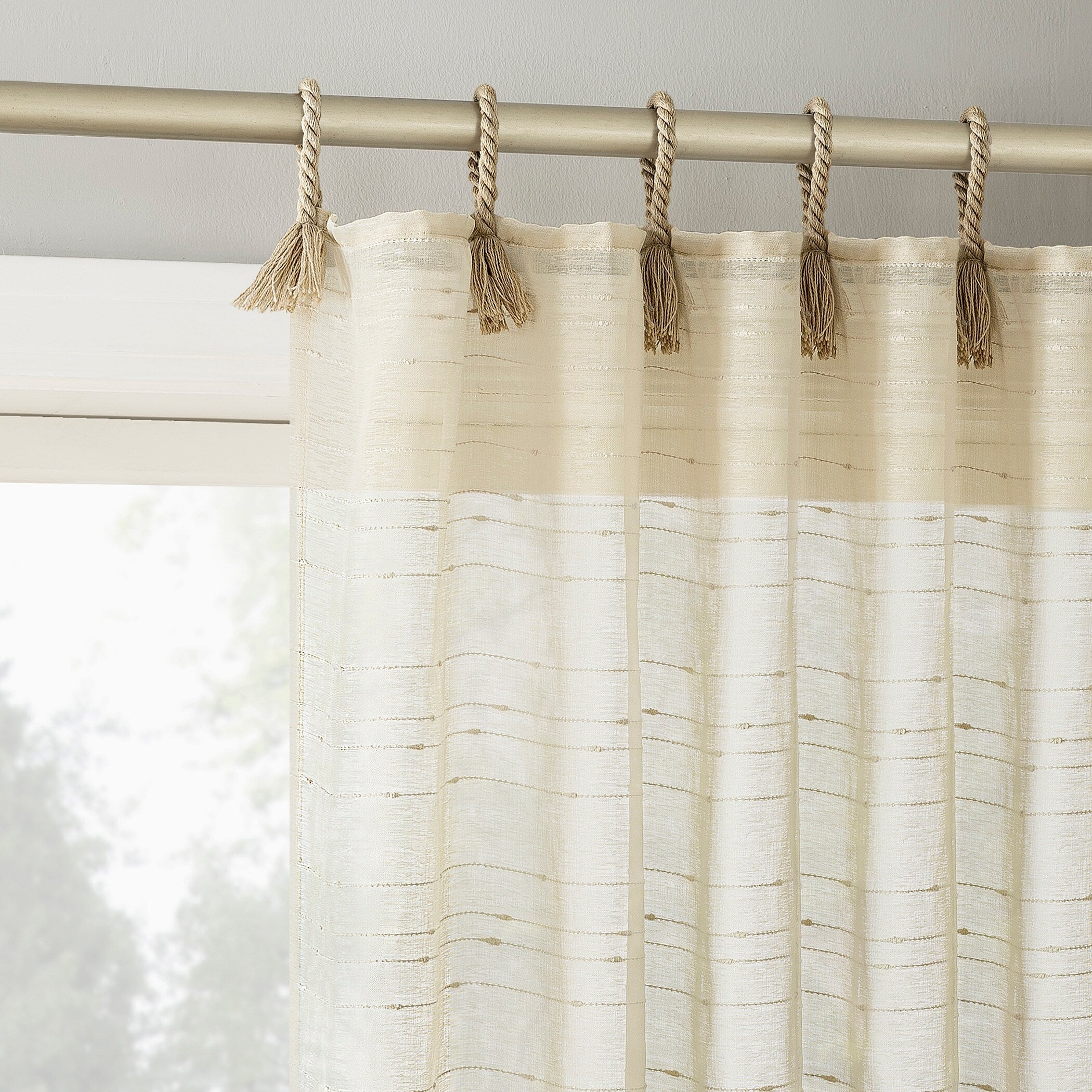 No. 918 Noemi Slub Stripe Rope Tab Semi-Sheer Tie Top Curtain Panel, Single Panel