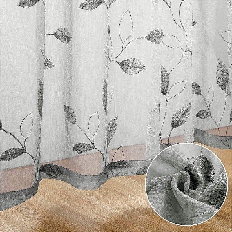 2 Panels Embroidered Leaf Pattern Curtains