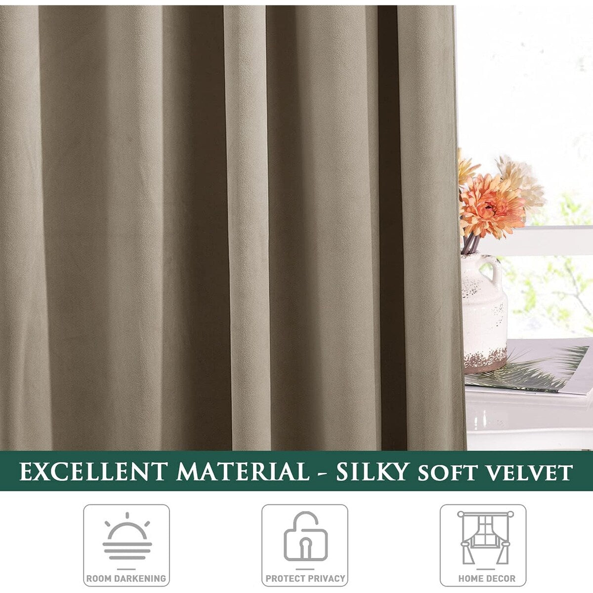 Natural Curtains for Nursery Bedroom Soft Velvet W42 x L96, 2 Panels