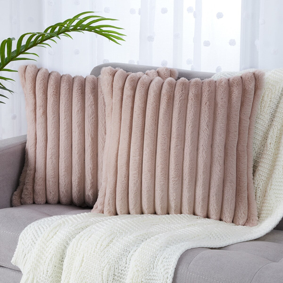 Pack of 2 Faux Fur Plush Decorative Throw Pillow Covers Striped Couch Cushion Case Soft Fluffy Pillowcases