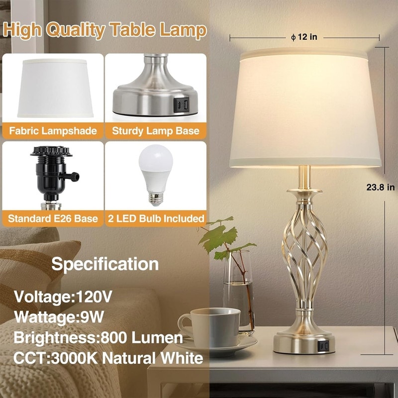 Modern Bedside Lamp Bedroom Table Lamp (Set of 2) - 12D x 12W x 23.8H