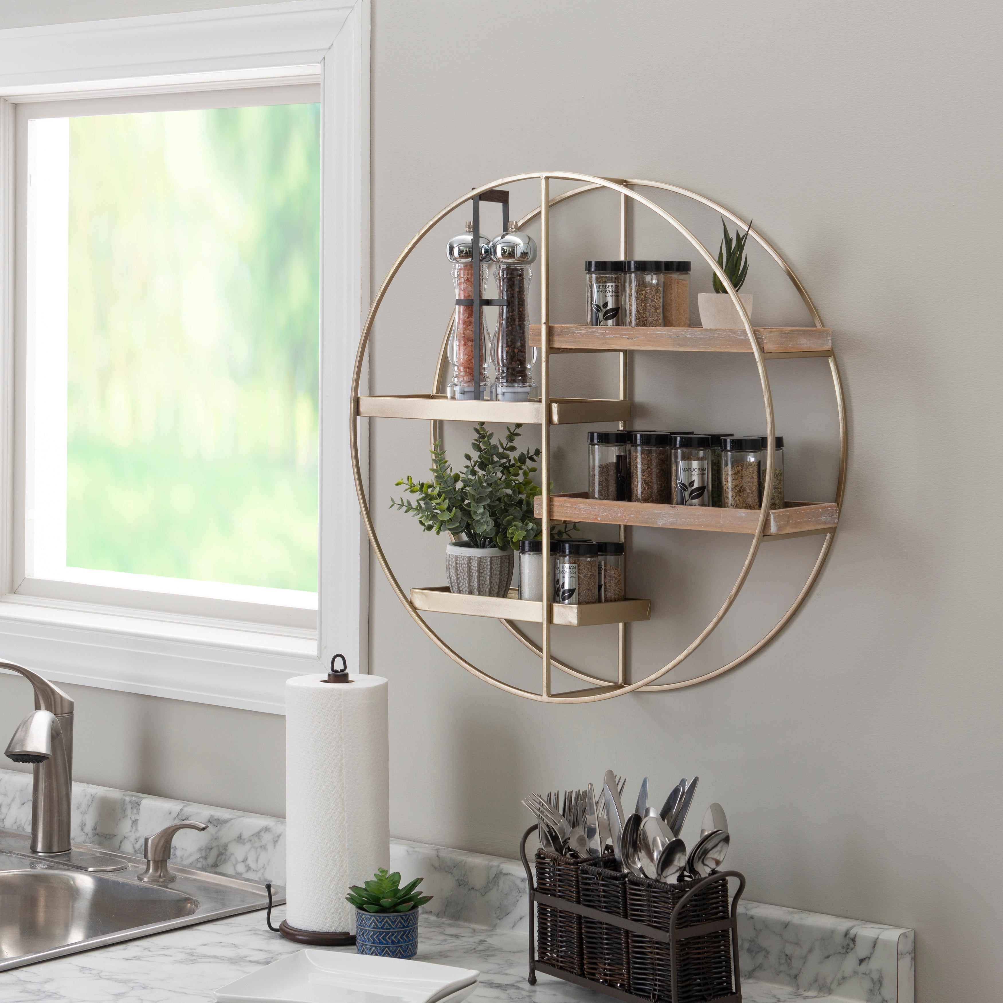 Montfort Round Modern Metal and Wood 4-tier Hanging Wall Shelf