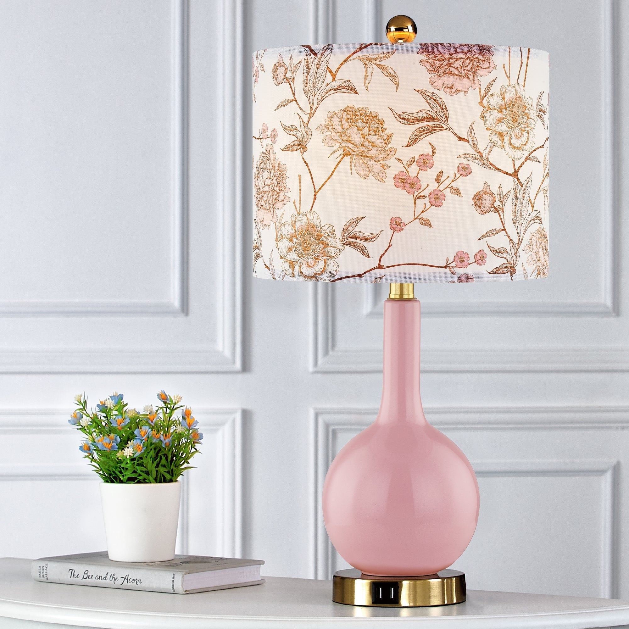 Pink Ceramic Table Lamp with 3-Way Touch Dimming Switch & Dual USB Charging Ports & - 12'' x 12'' x 24'' (L x W x H)