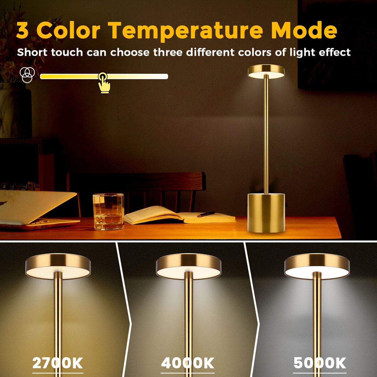 LED Cordless Table Lamps Set of 3600 mAh Rechargeable Table lamp, Portable 3 Color Stepless Dimmable Metal Outdoor Table Lamp