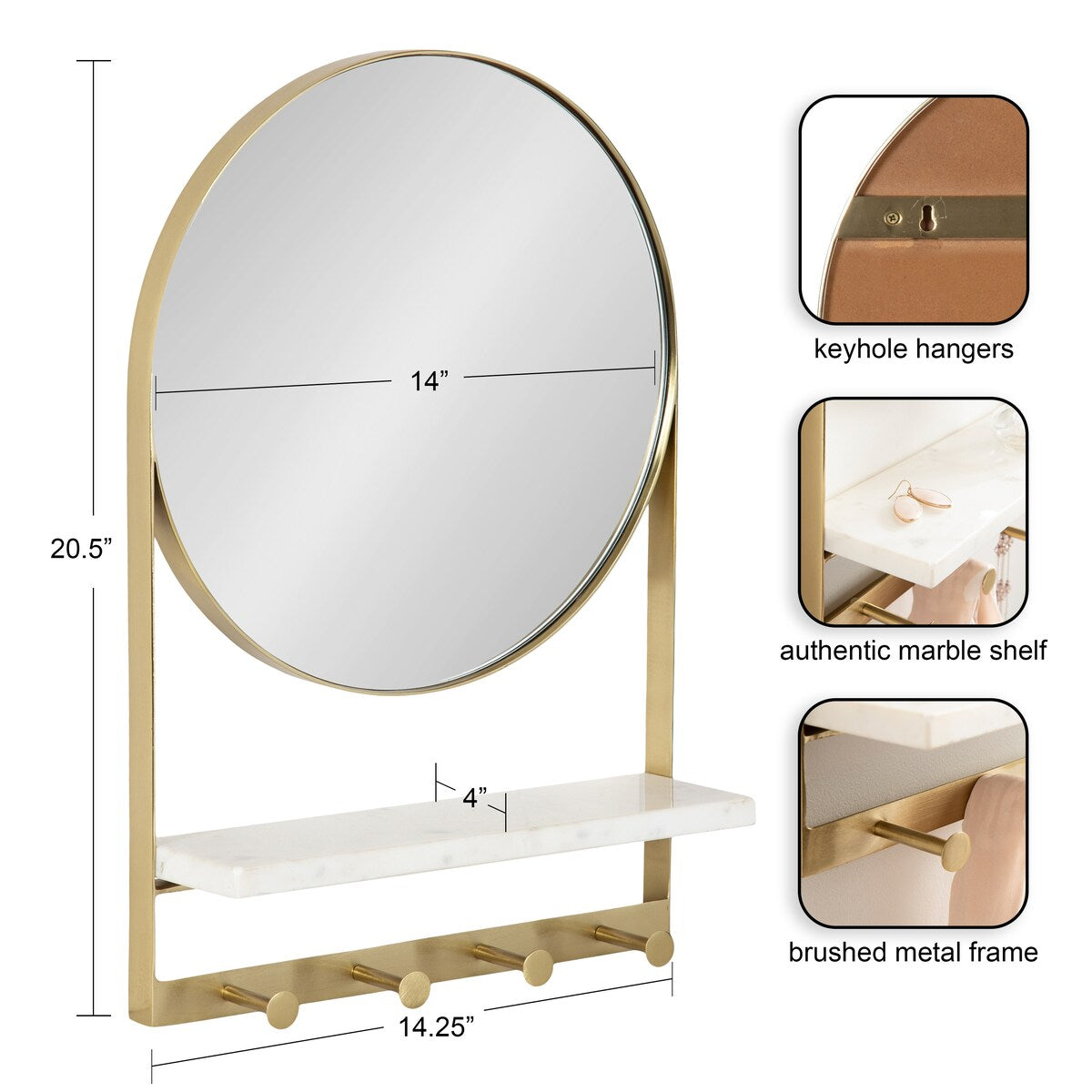 Kate and Laurel Chadwin Round Mirror with Shelf and Hooks