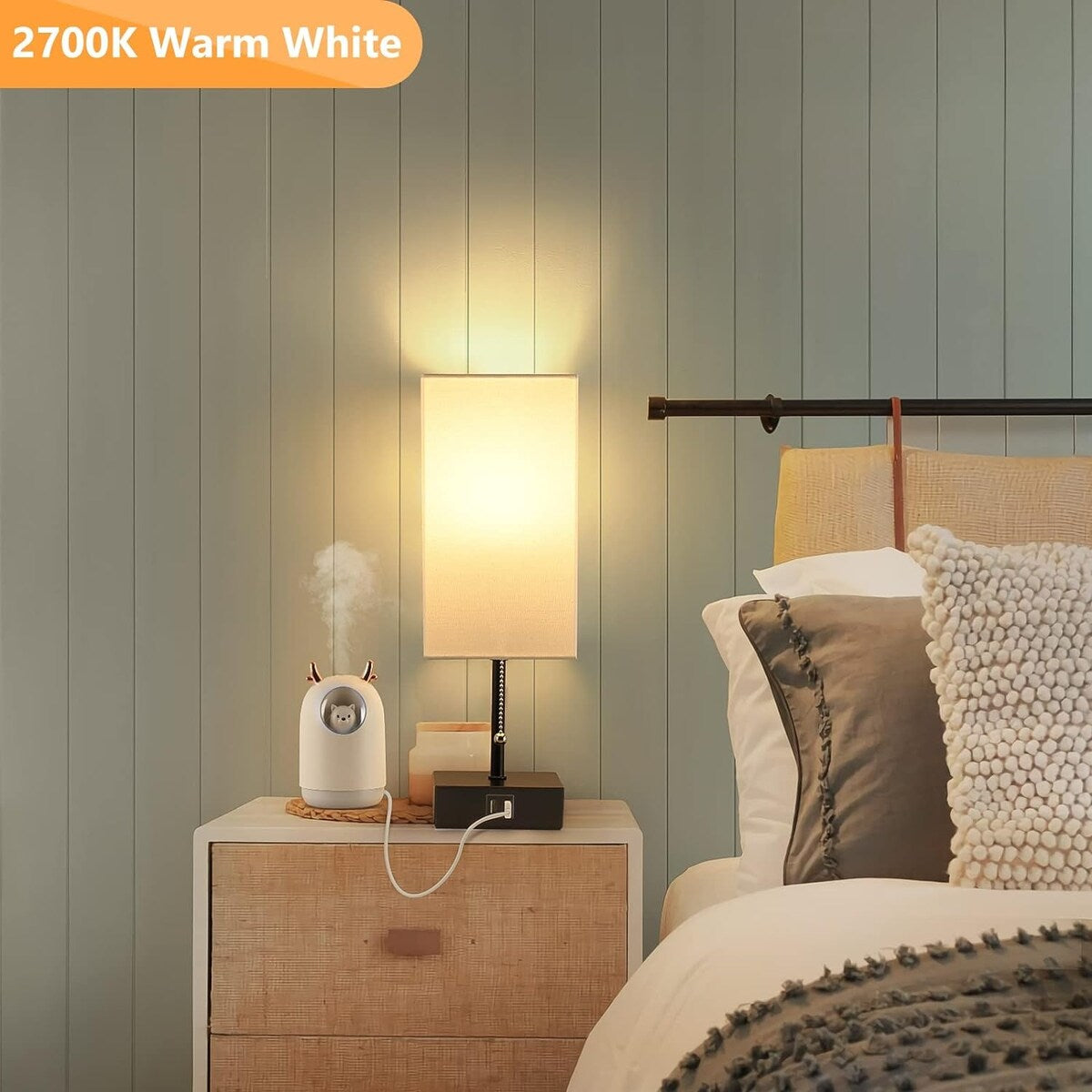 The Bedside Table Lamp, Pull Chain Table Lamp with USB C+A Charging Ports, 2700K LED Bulb, Fabric Linen Lampshade