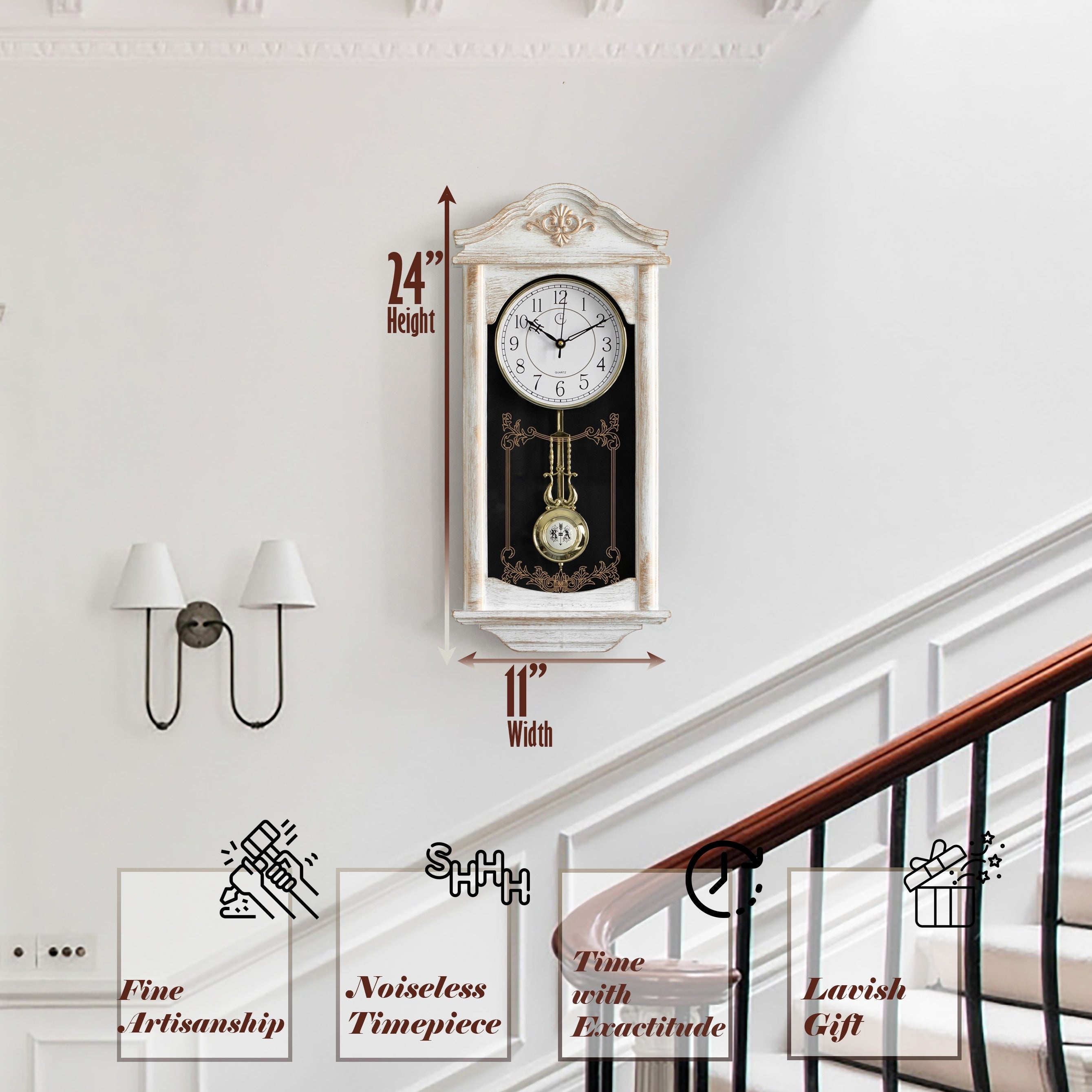 Clockswise Vintage Grandfather Wood-Looking Plastic Pendulum Decorative Battery-Operated Wall Clock Brown, for Home Decor