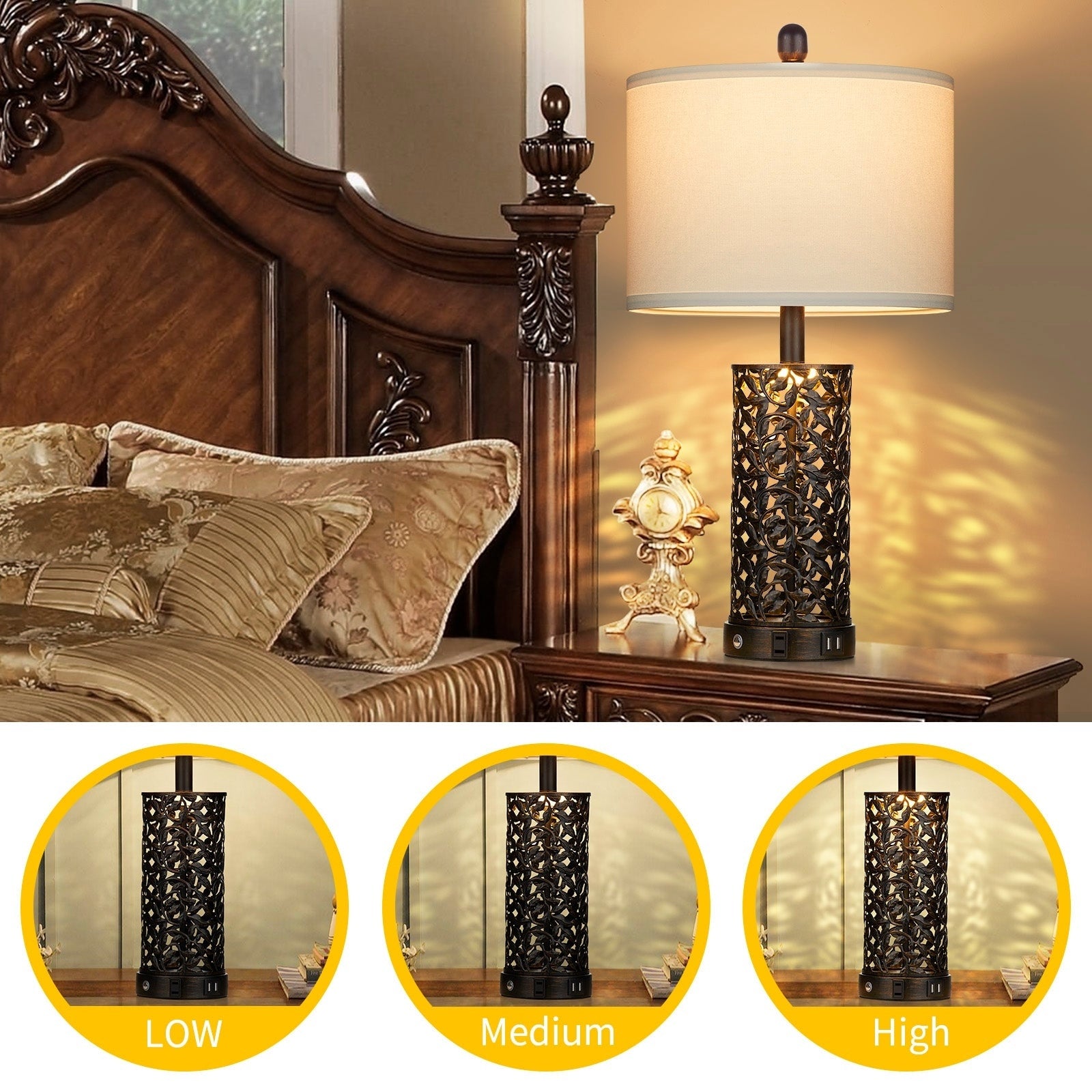 Black with Gold Metal Table Lamps Nightlight 2in1 USB Ports AC Outlet Touch Switch (Set of 2)