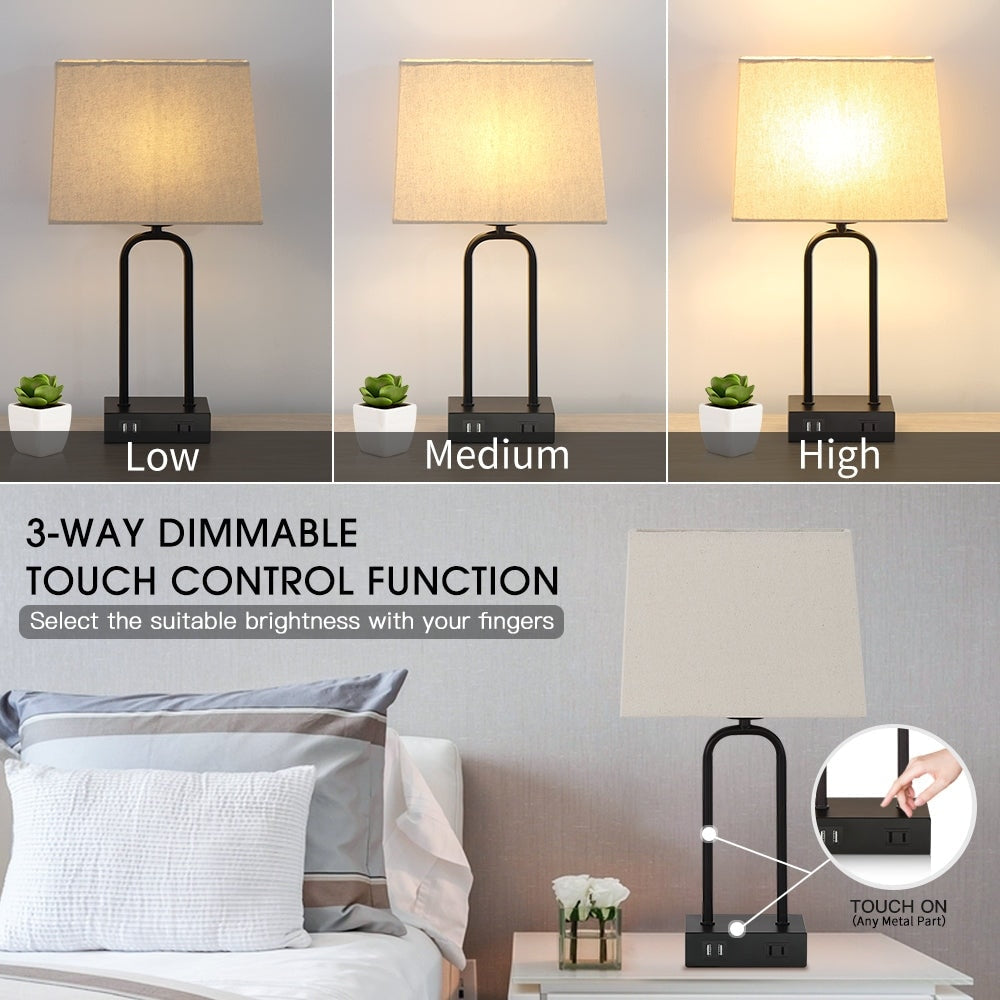 Black Metal Arched Frame Table Lamp with USB Charging Ports and Touch Dimming Switch (Set of 2) - 9.8'' x 5'' x 18'' (L x W x H)