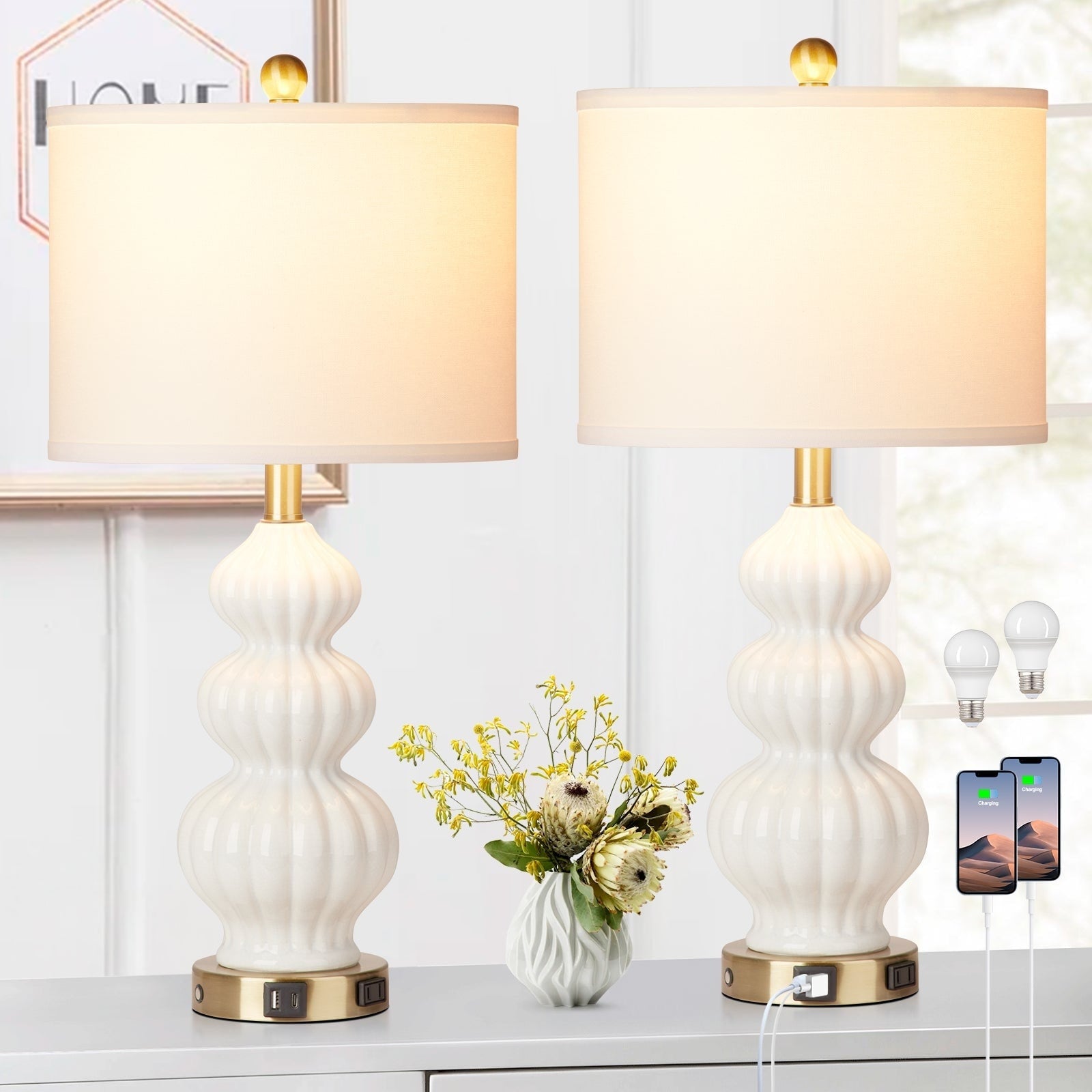 Table Lamp White Ceramic Cucurbit Style 3-Way Touch Dimming Switch USB Type C Charging Ports AC Outlet(Set of 2)