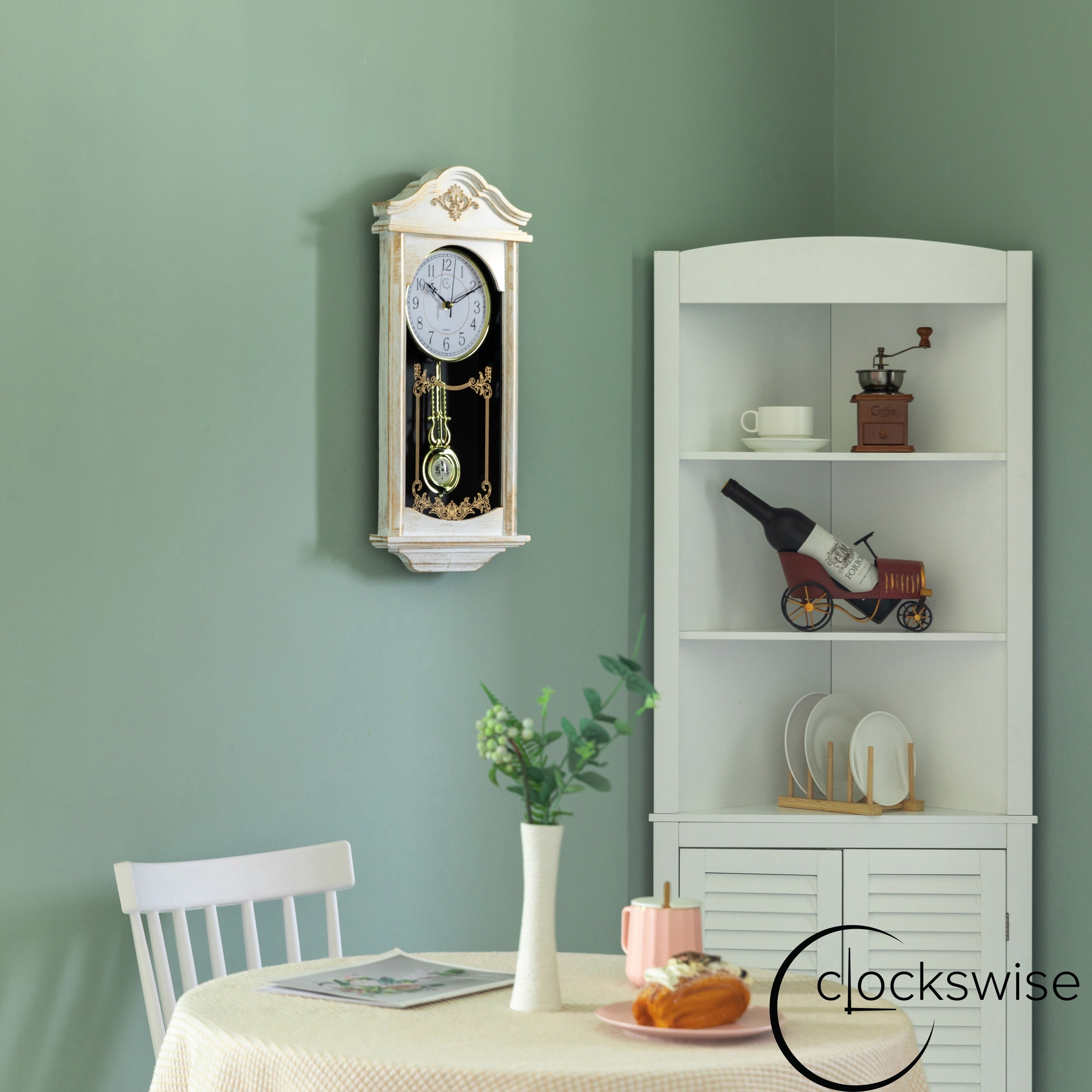 Clockswise Vintage Grandfather Wood-Looking Plastic Pendulum Decorative Battery-Operated Wall Clock Brown, for Home Decor