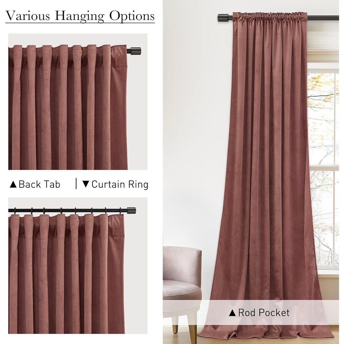 Velvet Curtains , Back Tab Heavy Thick Living Room Drapes Light Blocking Privacy Protect Curtain Panels , W52 x L96, 2 Panels