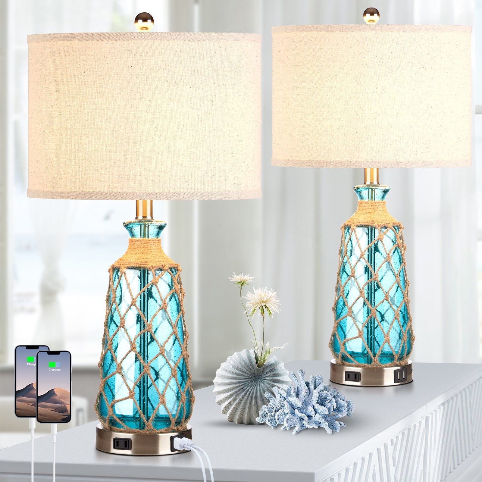 Blue Bubble Glass Table Lamp with Artistic Woven Rattan 3-way Dimming USB Port AC Outlet (Set of 2)