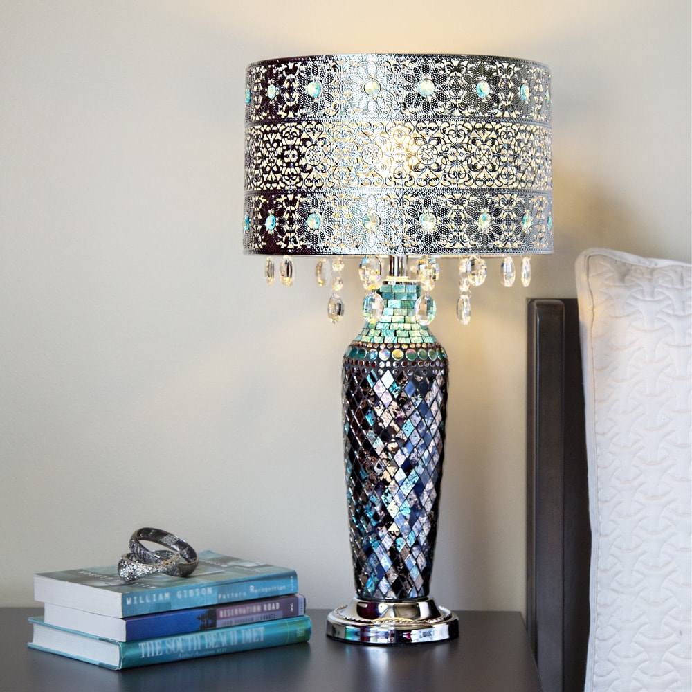 Metal Mosaic Hanging Glass Crystal Table Lamp - 13L x 13W x 24.25H