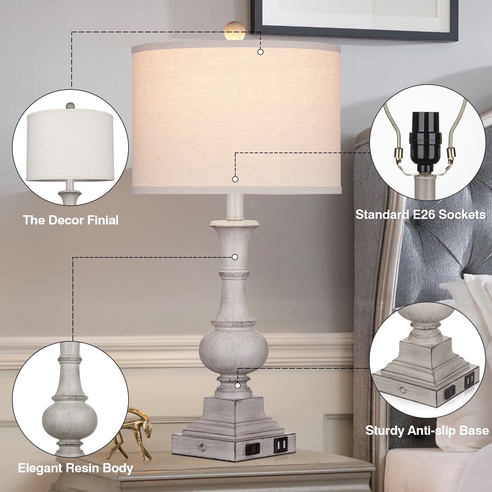 Grey Resin Table Lamps with USB & Type-C Charging Ports AC Outlet & 3-Way Dimming Switch (Set of 2)