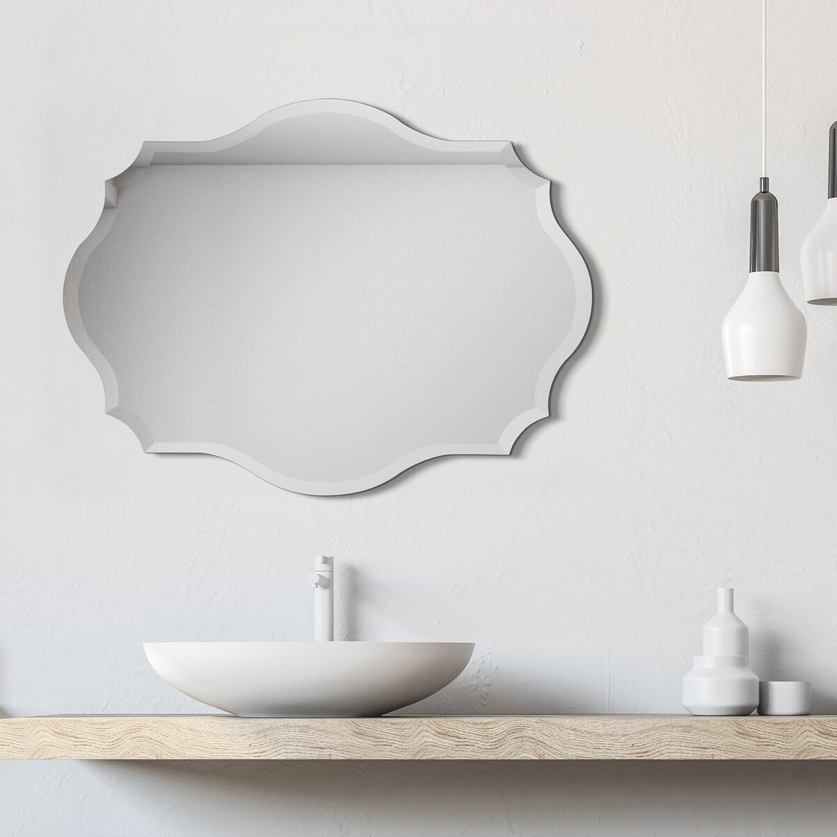 Frameless Beveled Oblong Elegant Scalloped Wall Mirror