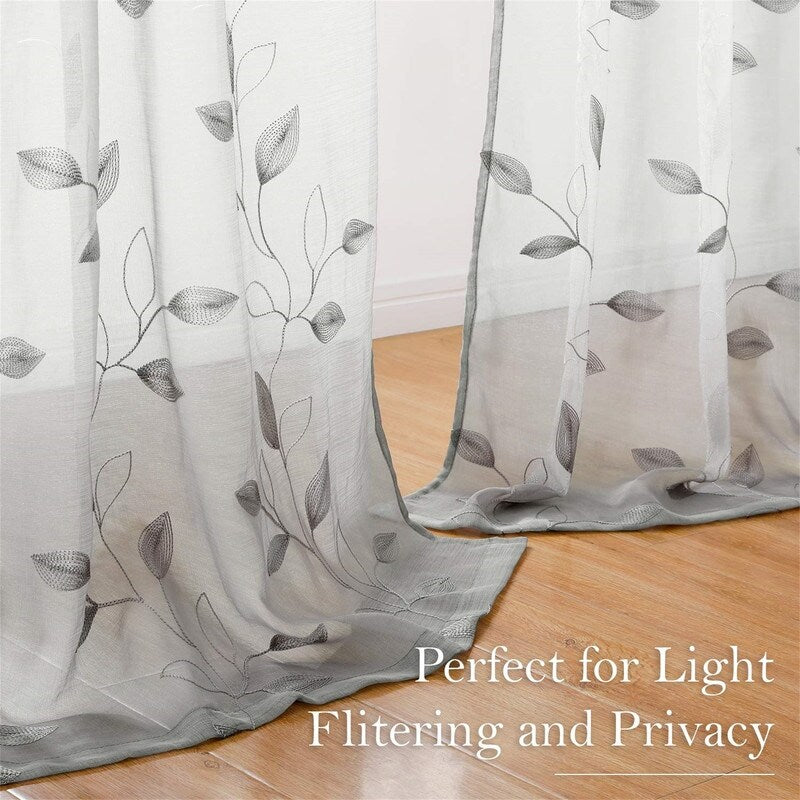 2 Panels Embroidered Leaf Pattern Curtains