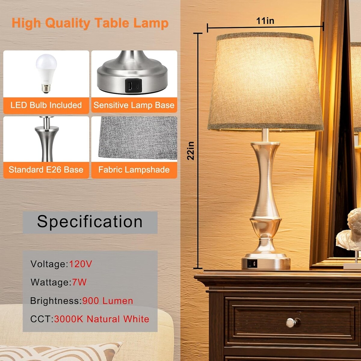 Touch Lamps Set of 2 - Nightstand Table Lamp with USB C+A, 3 Way Dimmable