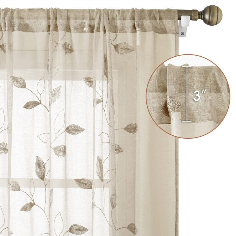 2 Panels Embroidered Leaf Pattern Curtains