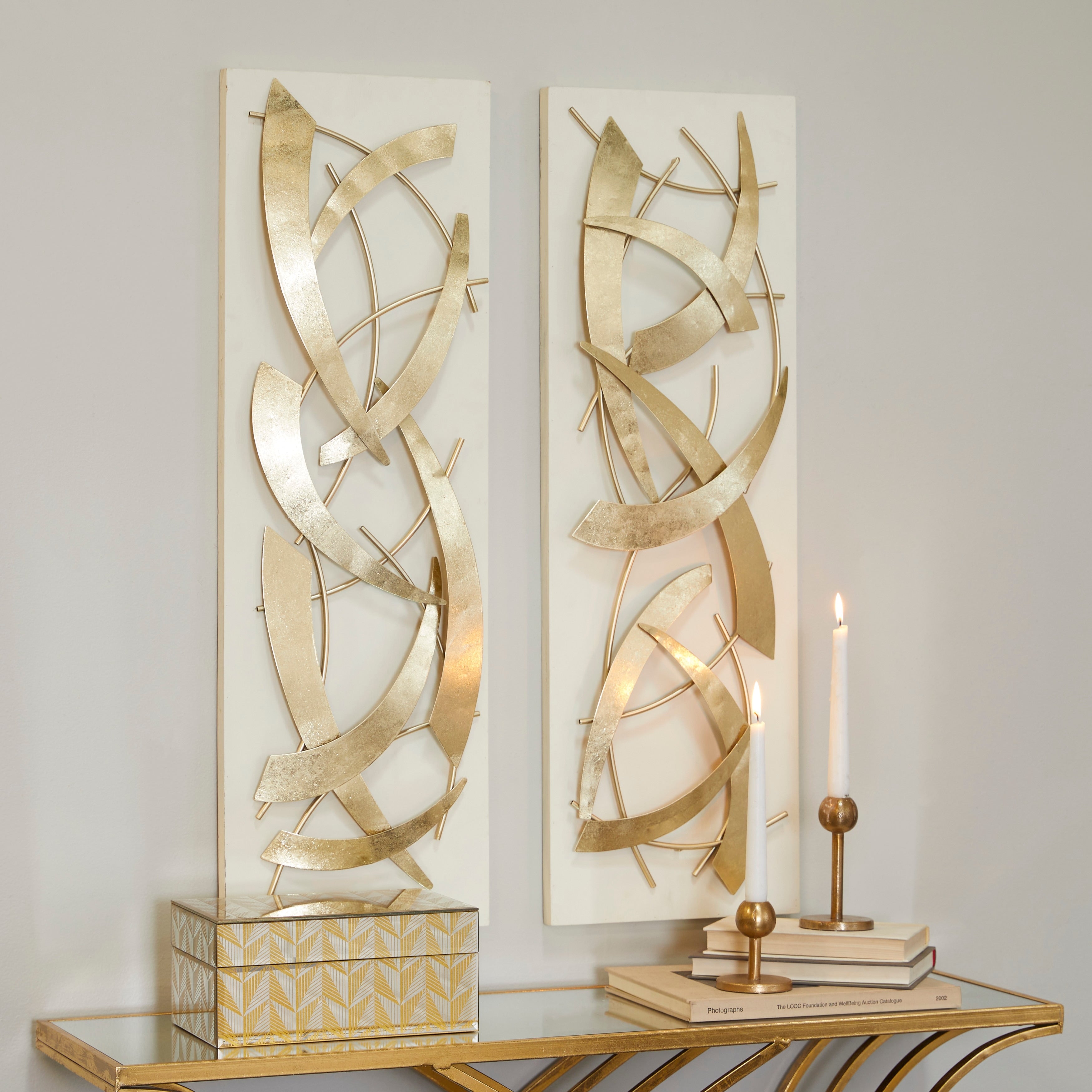 Metal Abstract Dimensional Wall Decor with Black or White Wood Backing - Set of 2 Gold - Roche River Decor