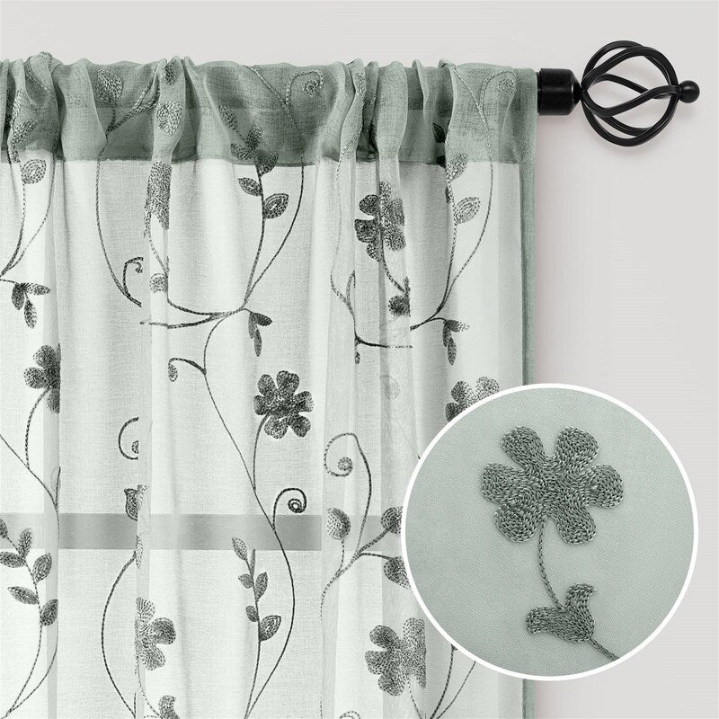 2 Panels Embroidered Leaf Pattern Curtains