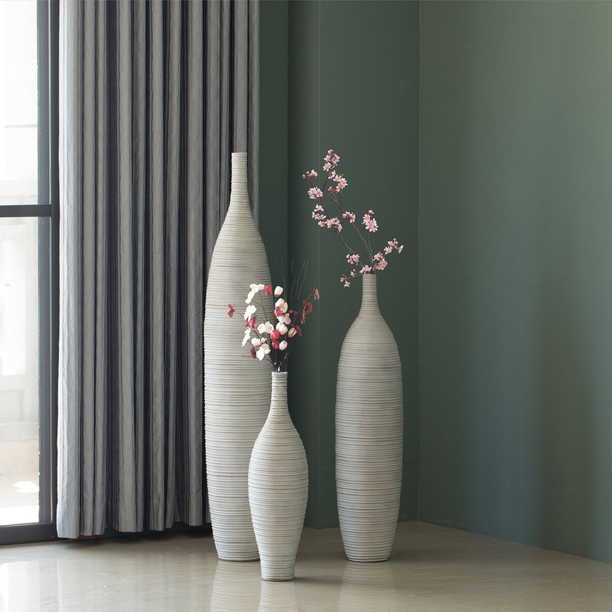 White Floor Vase, Ribbed Design, Modern Elegant Home Decoration, Room Enhancement, Sculptural Look, Sophisticated Decor