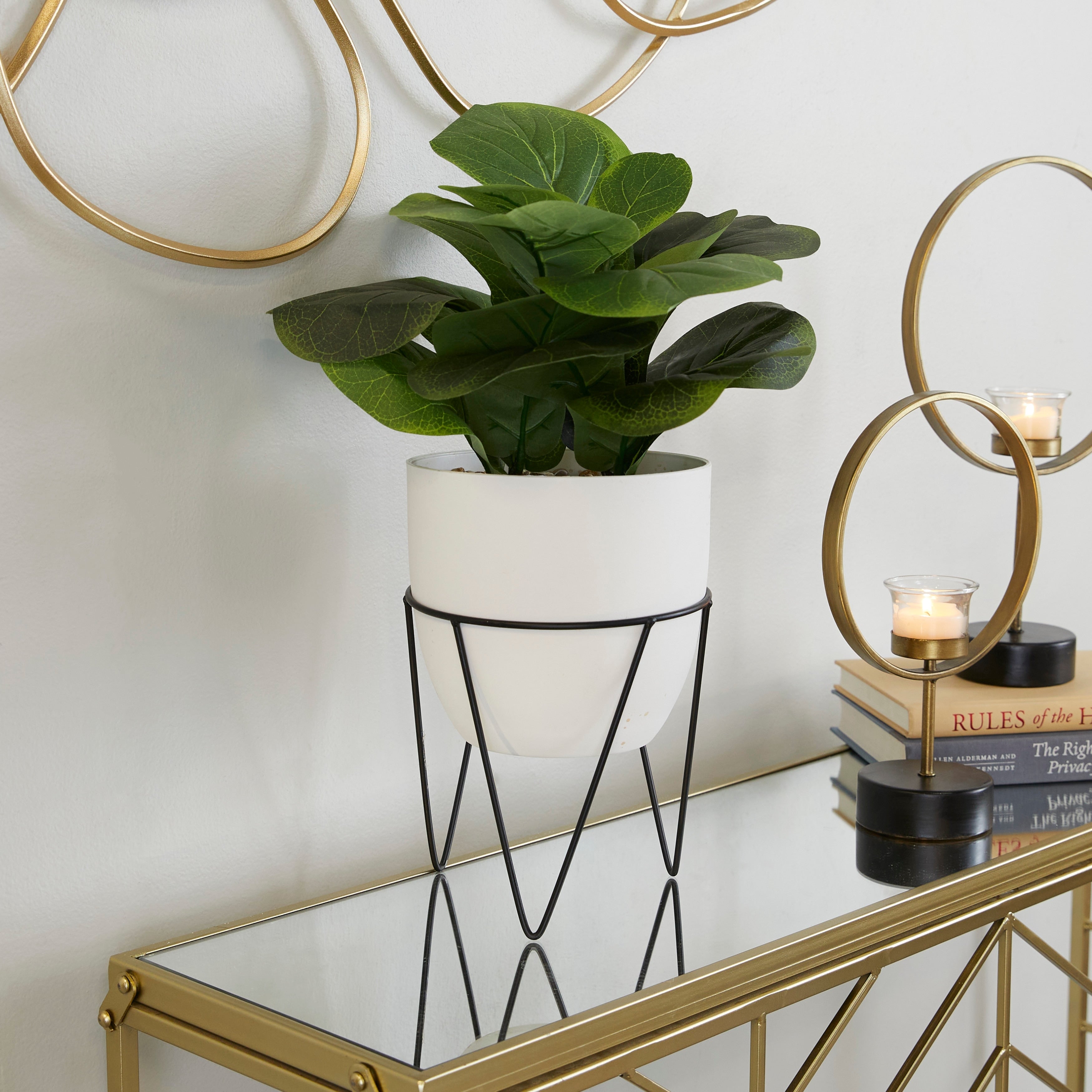 Faux Foliage Pilea Artificial Plant with Realistic Leaves and Metal Stand and White Pot - Green - Roche River Decor