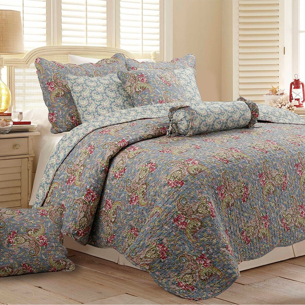 3pc Full/Queen Floral Paisley Reversible Cotton Quilt Set Dark Blue