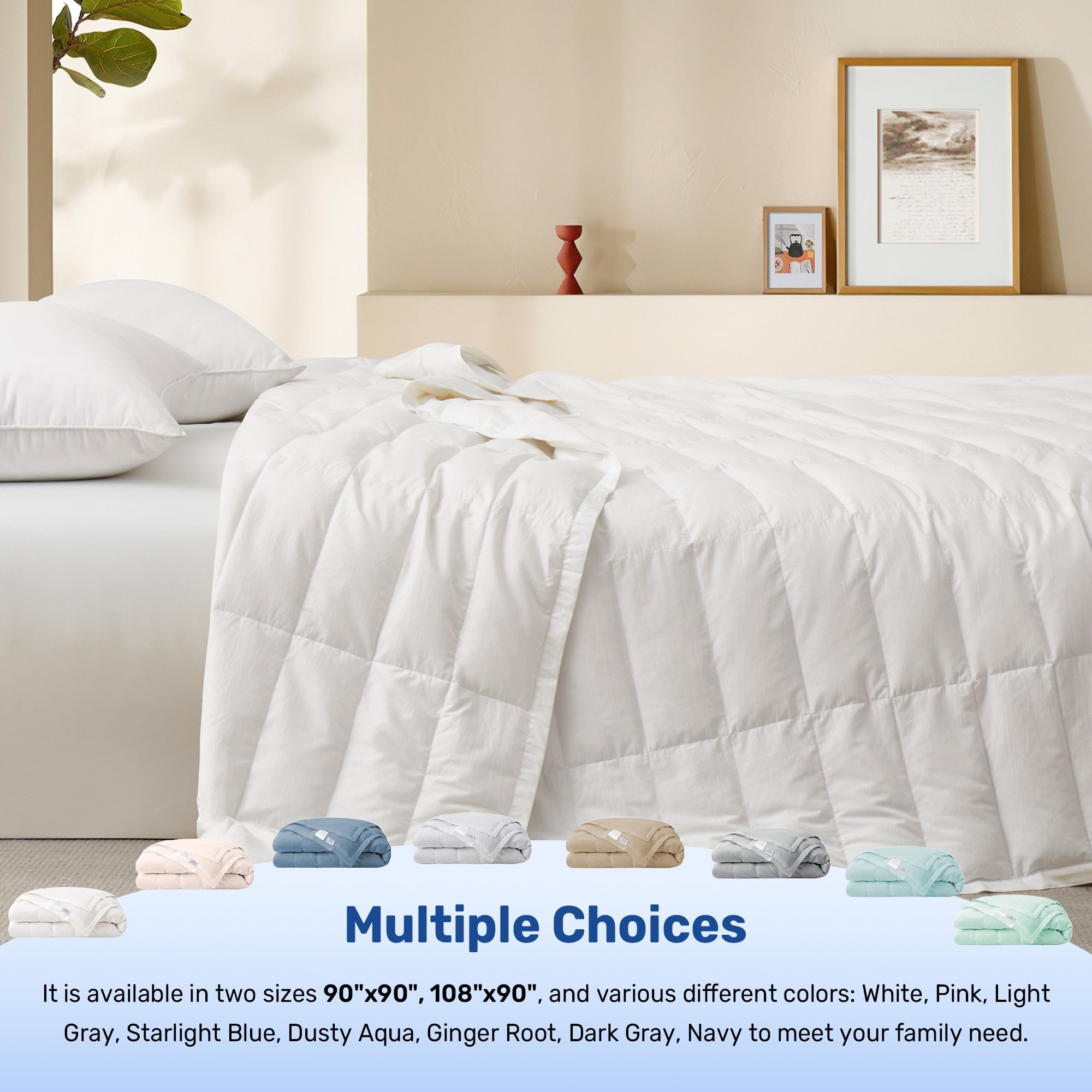 Luxurious White Down Blanket with Satin Trim, Tencel Comforter for All-Season