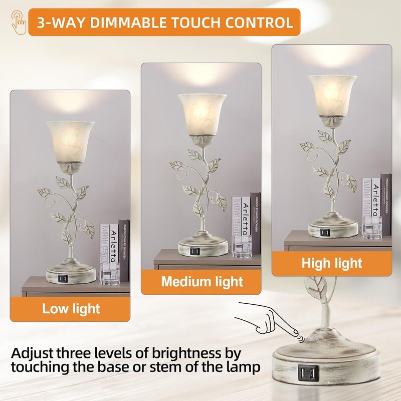 Vintage glass shade table lamp, 3 way dimmable bedside lamp. - 6D x 6W x 18.5H