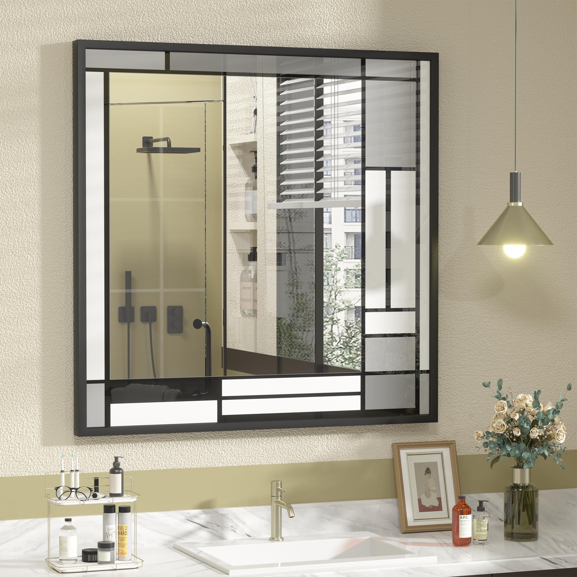 Apmir Metal Black Frame Bathroom Vanity Mirror Wall Mounted in Tempered Glass