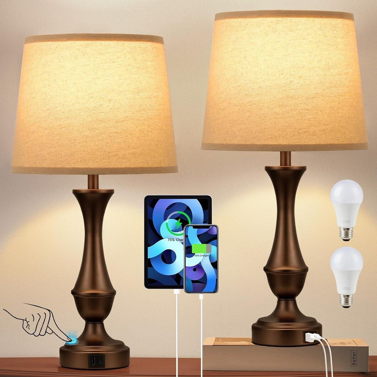 Touch Lamps Set of 2 - Nightstand Table Lamp with USB C+A, 3 Way Dimmable